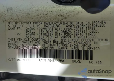 2007 Toyota Tacoma Prerunner V6 z USA, uszkodzony, nr VIN 3TMJU62N57M046080